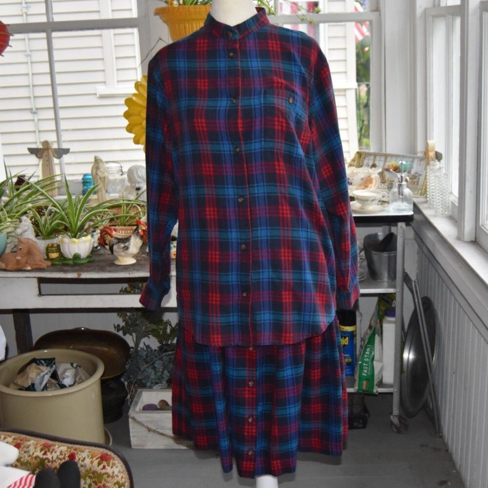 Karen Scott Skirt Set Womens M Red Blue Plaid Cotton Button Front Top Midi Skirt